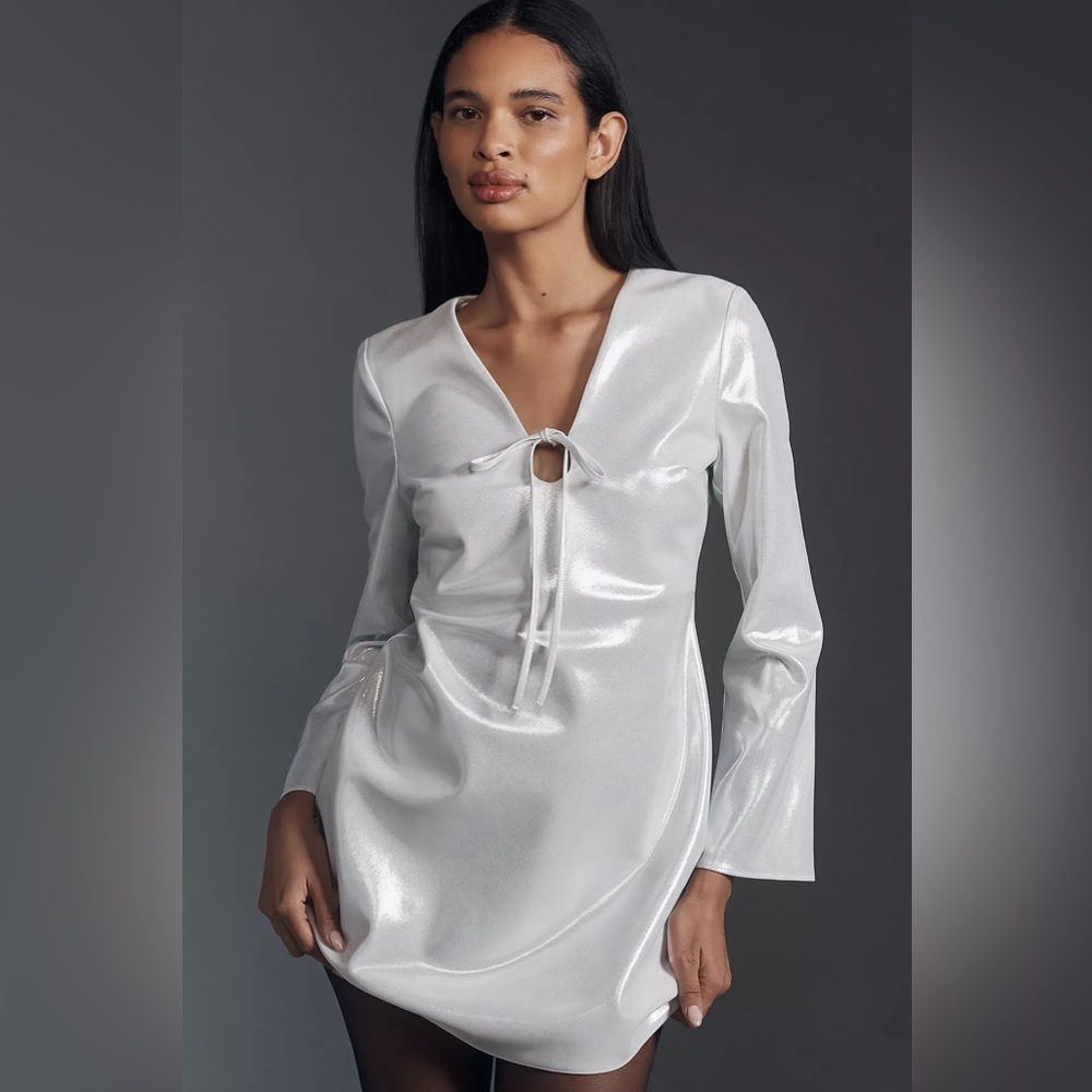 NWT By Anthropologie Long-Sleeve V-Neck Metallic Mini Dress 🌐